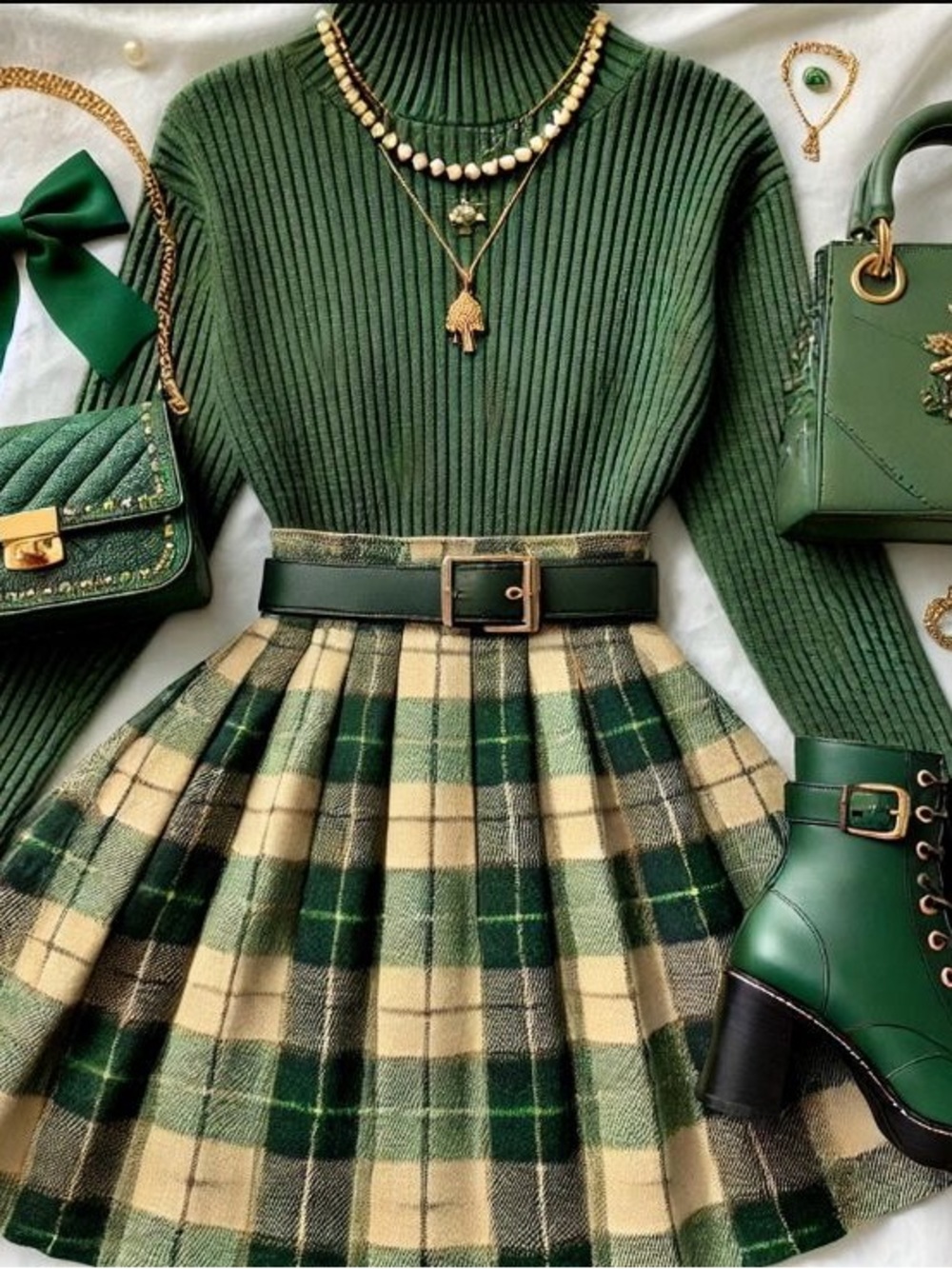 Forest Green Ribbed Turtleneck & Plaid Skirt Set